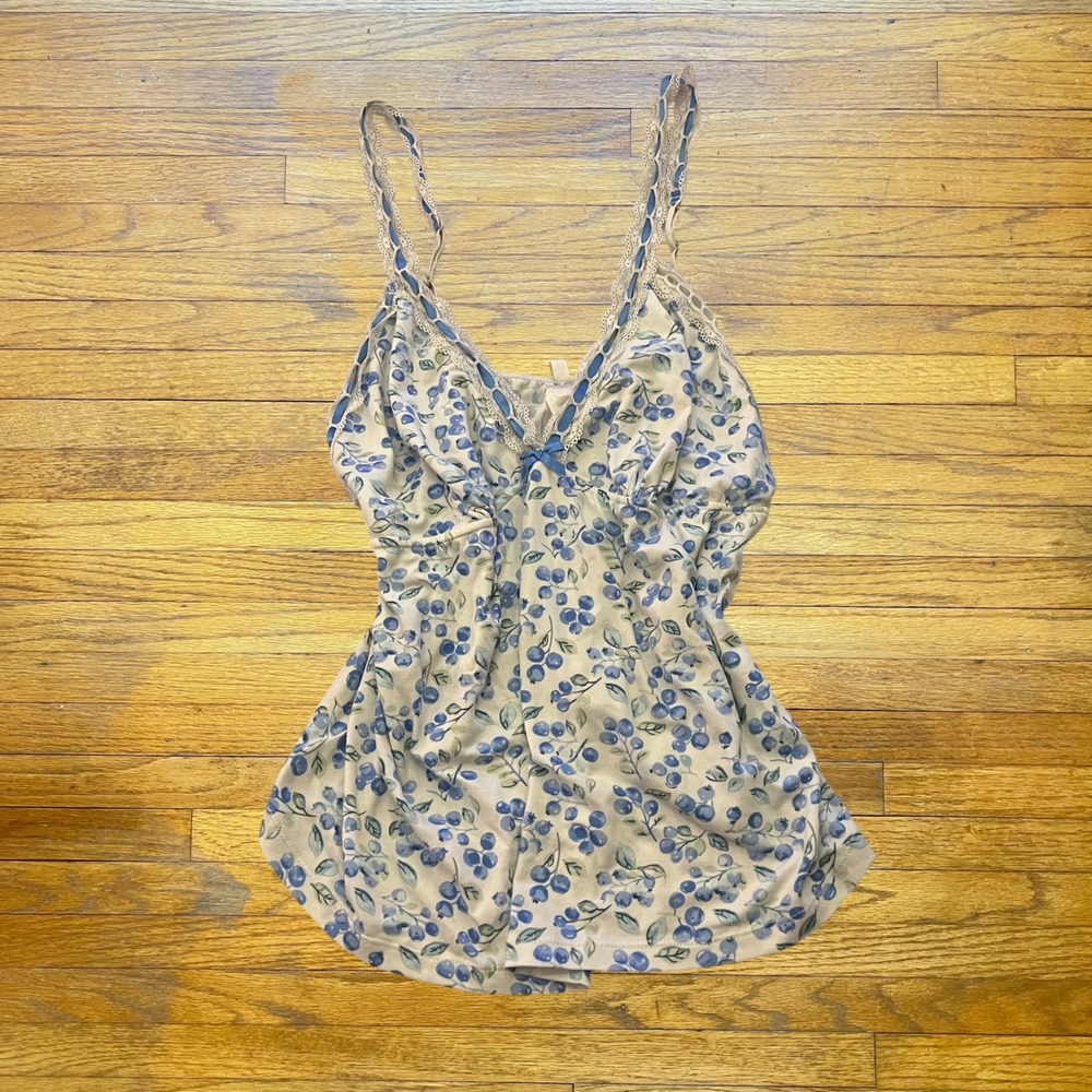 Blueberry Print Lace Trim Camisole Top V-Neck Blue White XL